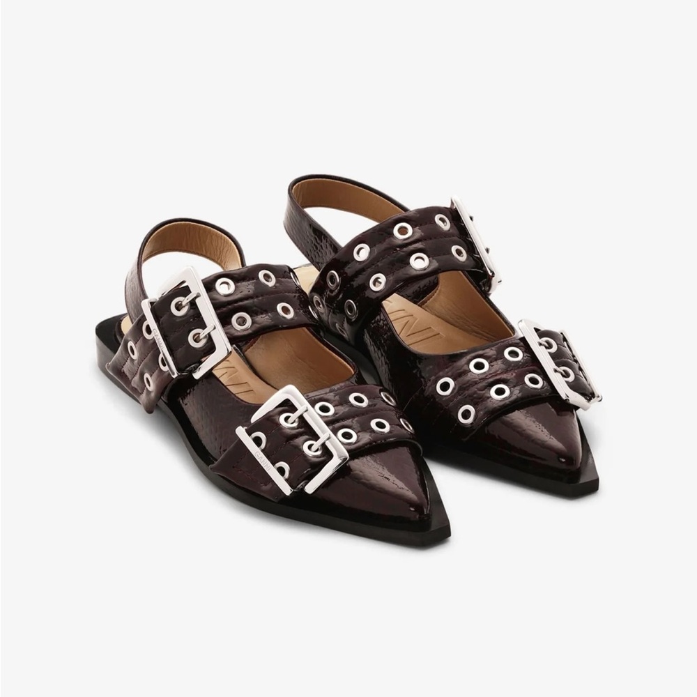 NEW w box. Ganni Black Patent Buckle Flats
